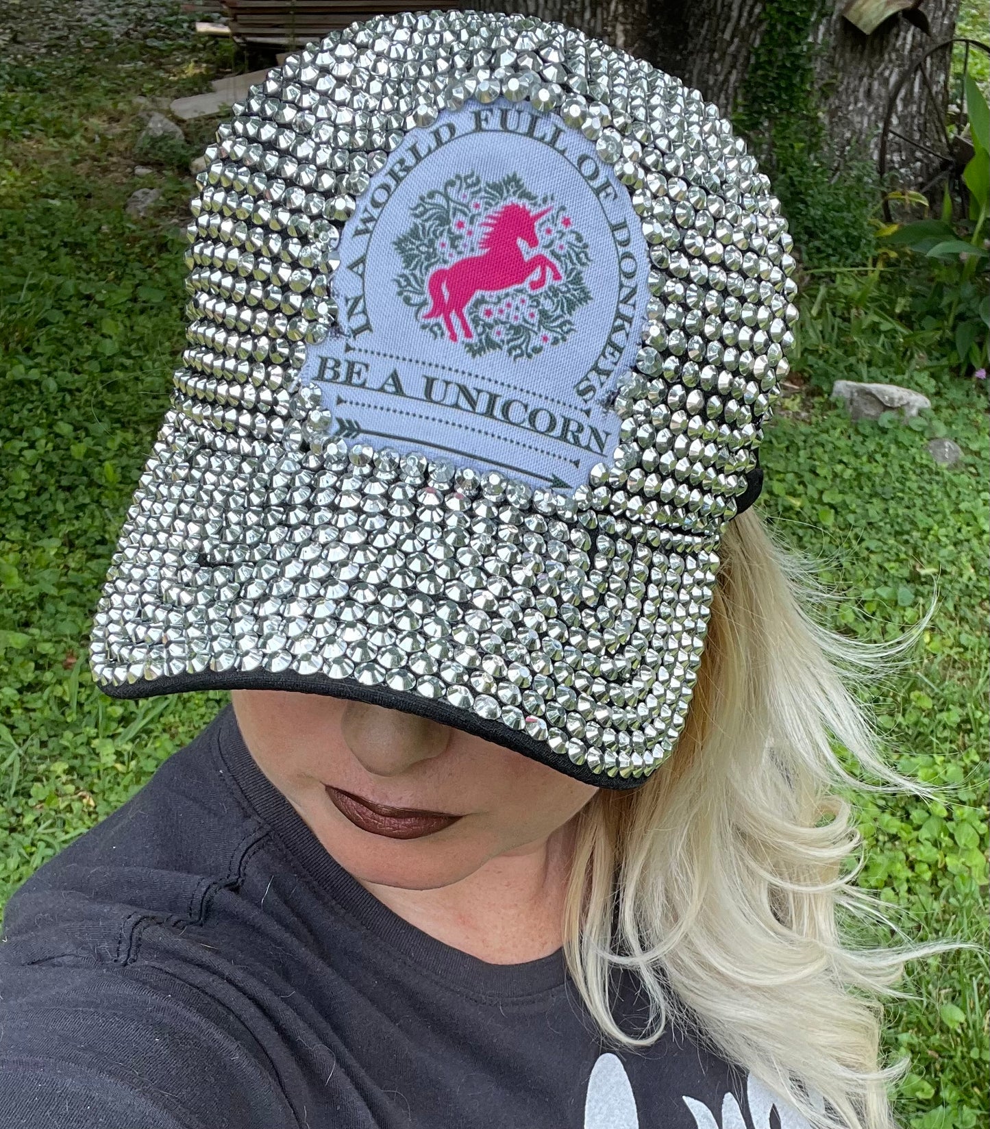 In A World Full of Donkeys Be A Unicorn Silver on Black Blinged Out Baseball Hat