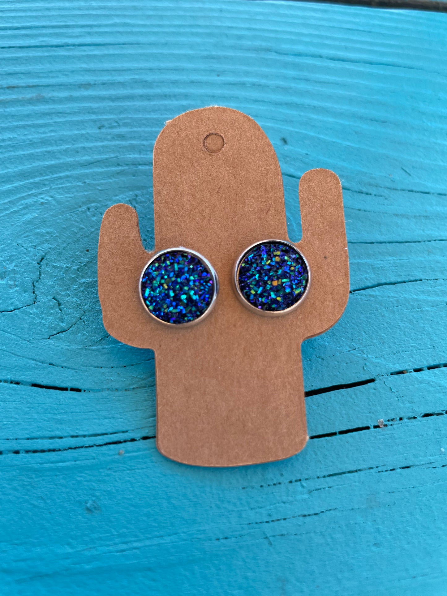 Dark Blue Druzy Stud Earrings