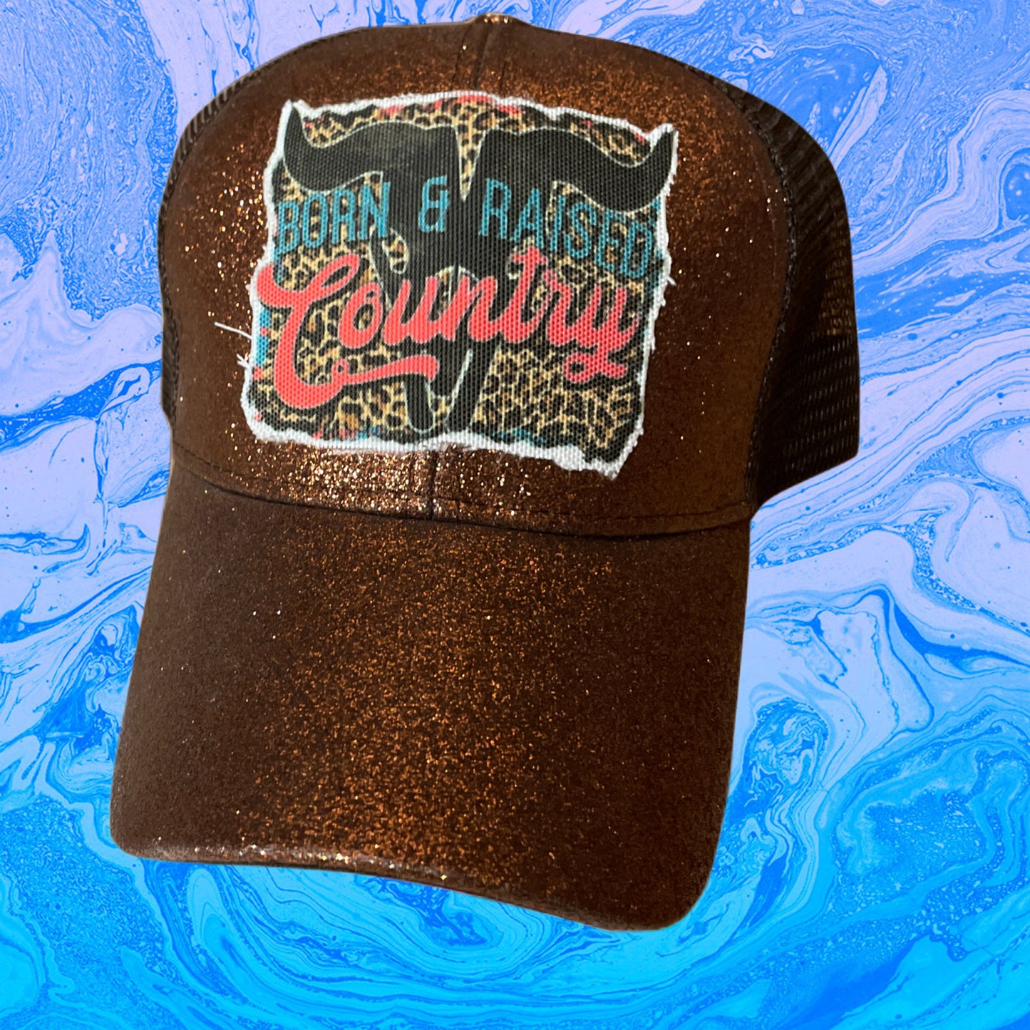 Born and Raised Country Glitter Hat Ponytail Hat