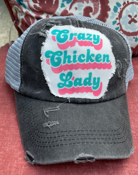 Crazy Chicken Lady Hat Grey Ponytail Hat Criss Cross back