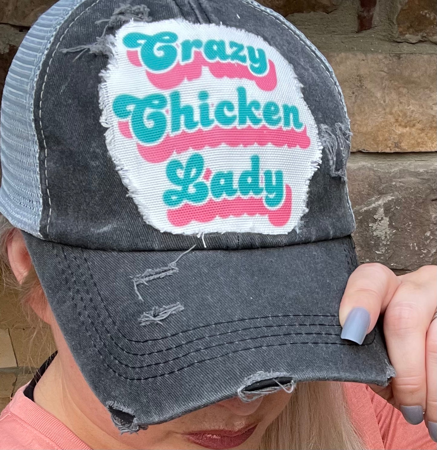 Crazy Chicken Lady Hat Grey Ponytail Hat Criss Cross back