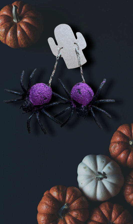 Black and Purple Sparkly Spider Dangle Chain Earrings